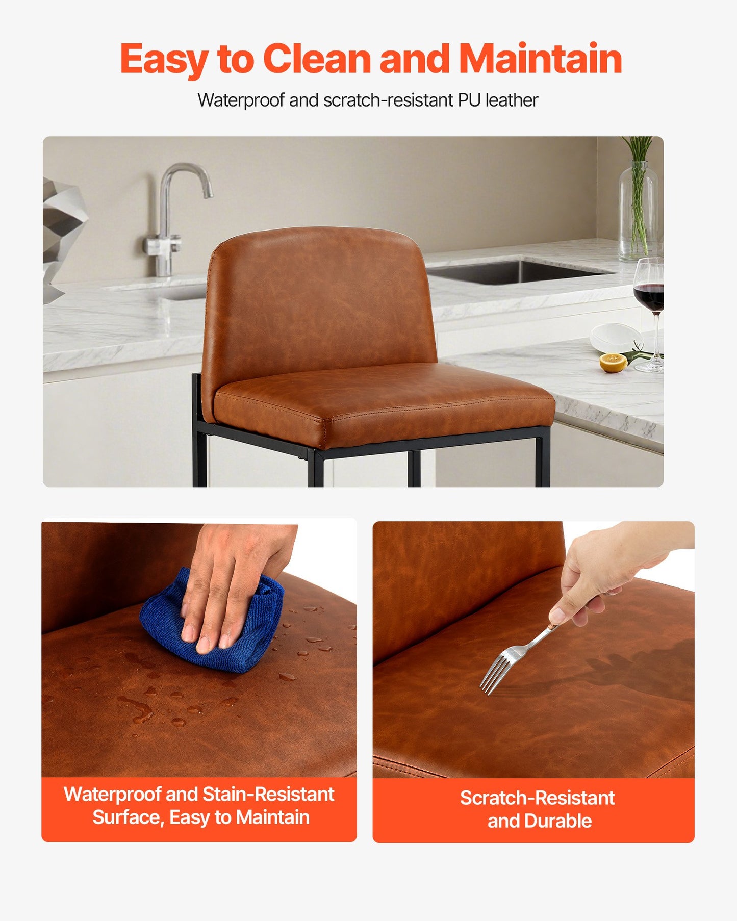 Bar Stool Set of 4, 27 inch Counter Height Stools, Modern PU Leather Counter Barstool with Backrest, Metal Legs, Easy Assembly Armless Bar Chair, Island Barstool for Kitchen, Dining Room, Brown