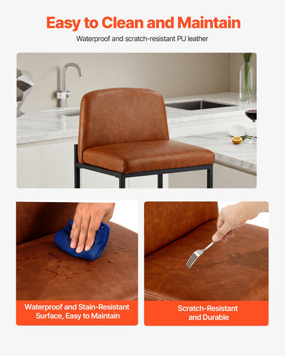 Bar Stool Set of 4, 27 inch Counter Height Stools, Modern PU Leather Counter Barstool with Backrest, Metal Legs, Easy Assembly Armless Bar Chair, Island Barstool for Kitchen, Dining Room, Brown