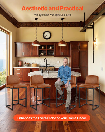 Bar Stool Set of 4, 27 inch Counter Height Stools, Modern PU Leather Counter Barstool with Backrest, Metal Legs, Easy Assembly Armless Bar Chair, Island Barstool for Kitchen, Dining Room, Brown