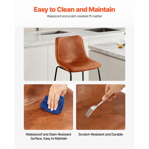 Barstolsset med 4, 65 cm barstolar, modern barstol i PU-läder med ryggstöd, metallben, enkel montering, armstödslös barstol, barstol med köksö, matsal, brun |  EU