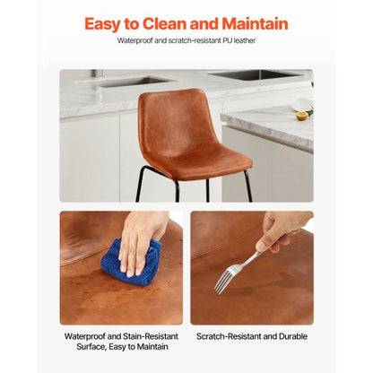 Barstolsset med 4, 65 cm barstolar, modern barstol i PU-läder med ryggstöd, metallben, enkel montering, armstödslös barstol, barstol med köksö, matsal, brun |  EU