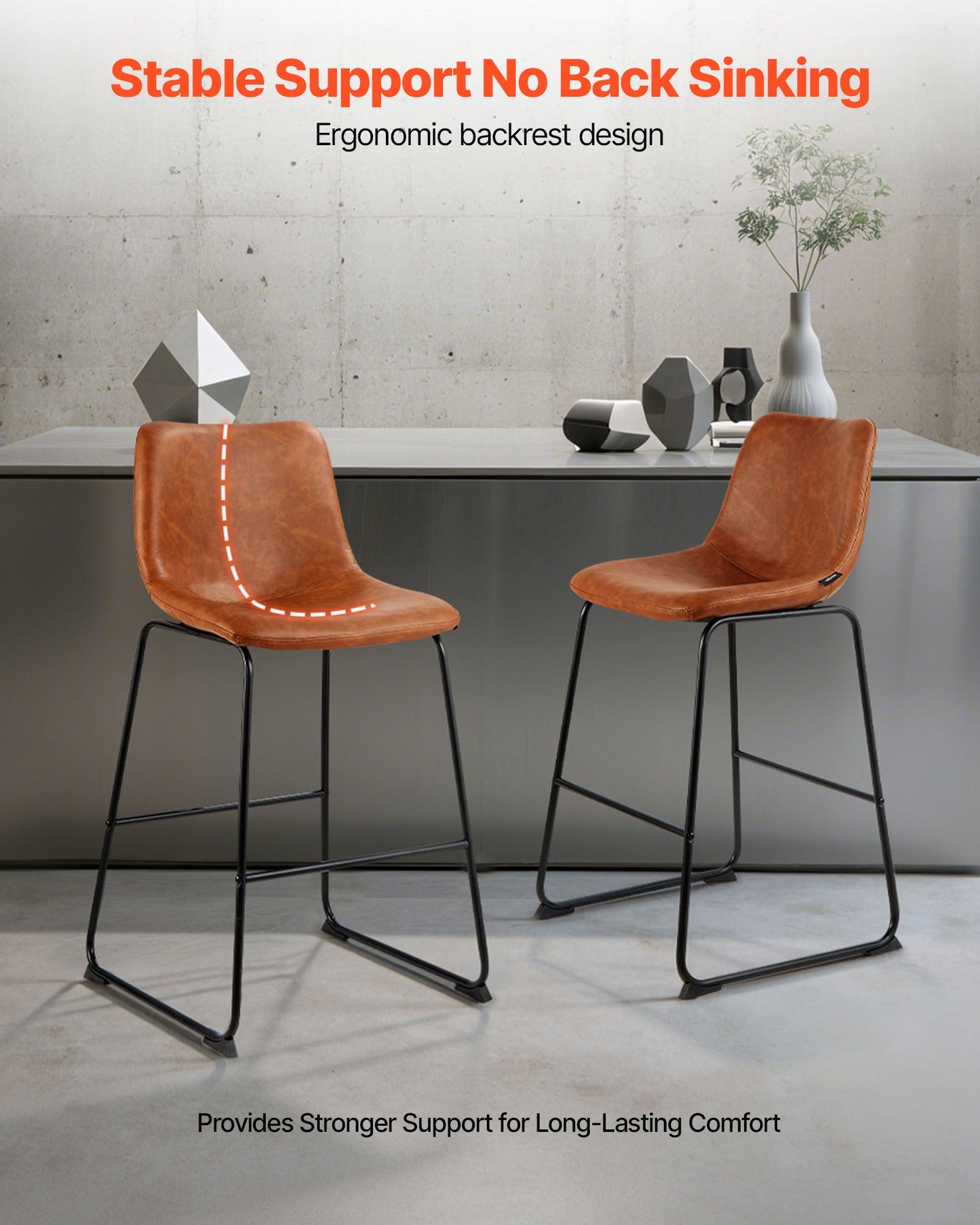 Bar Stool Set of 4, 26 inch Counter Height Stools, Modern PU Leather Counter Barstool with Backrest, Metal Legs, Easy Assembly Armless Bar Chair, Island Barstool for Kitchen, Dining Room, Brown