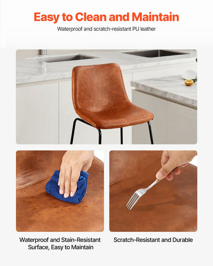 Bar Stool Set of 4, 26 inch Counter Height Stools, Modern PU Leather Counter Barstool with Backrest, Metal Legs, Easy Assembly Armless Bar Chair, Island Barstool for Kitchen, Dining Room, Brown