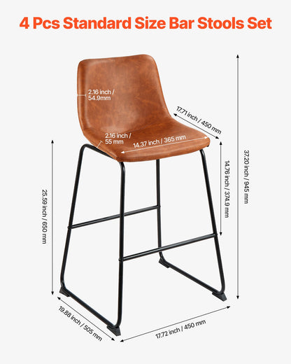 Bar Stool Set of 4, 26 inch Counter Height Stools, Modern PU Leather Counter Barstool with Backrest, Metal Legs, Easy Assembly Armless Bar Chair, Island Barstool for Kitchen, Dining Room, Brown