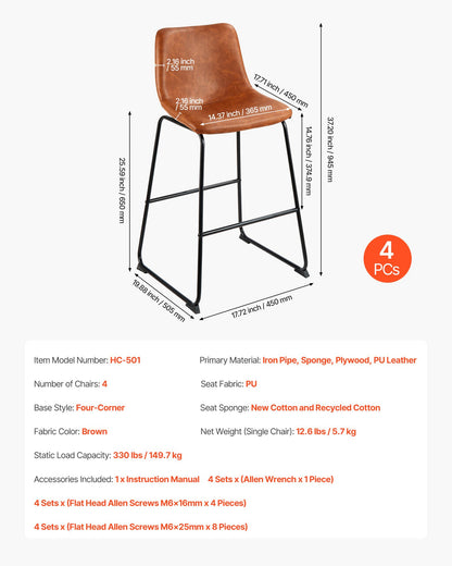 Bar Stool Set of 4, 26 inch Counter Height Stools, Modern PU Leather Counter Barstool with Backrest, Metal Legs, Easy Assembly Armless Bar Chair, Island Barstool for Kitchen, Dining Room, Brown