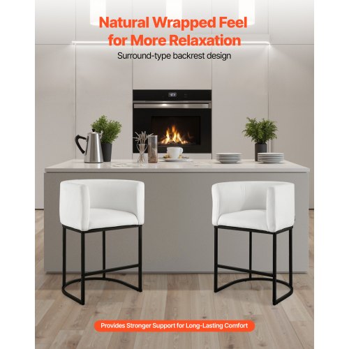 Barstolsset med 3, 63 cm barstolar, barstol med ryggstöd, armstöd, metallram och fotstöd, barstol i tyg, barstolar med köksö, matsal, vit |  EU