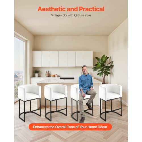 Barstolsset med 3, 63 cm barstolar, barstol med ryggstöd, armstöd, metallram och fotstöd, barstol i tyg, barstolar med köksö, matsal, vit |  EU