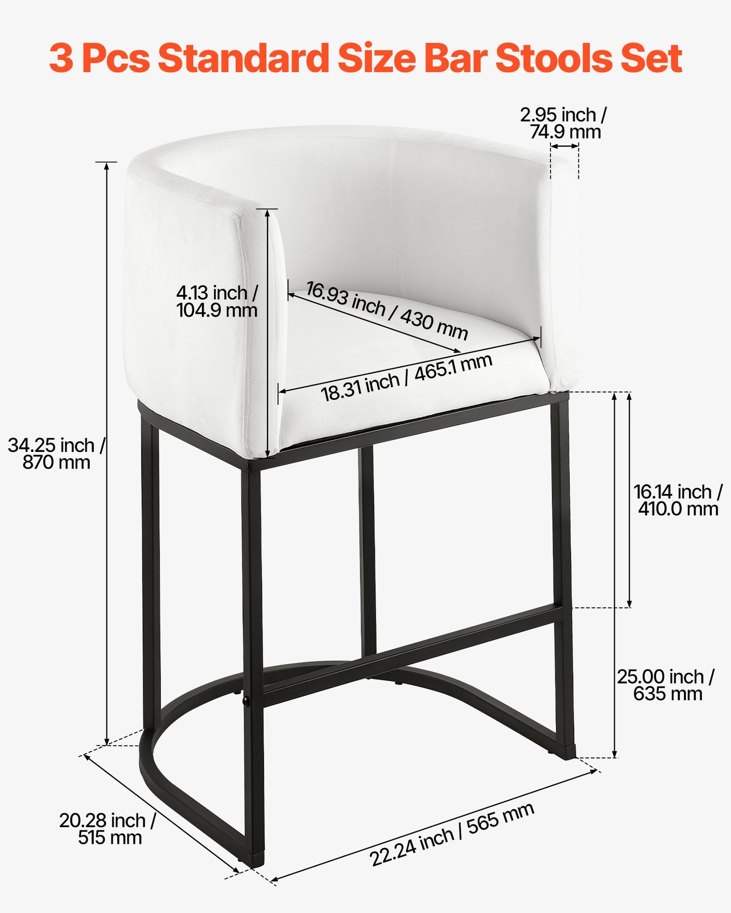 Bar Stool Set of 3, 25 inch Counter Height Stools, Counter Barstool with Backrest, Arm, Metal Frame, and Footrest, Accent Fabric Bar Chair, Island Barstools for Kitchen, Dining Room, White