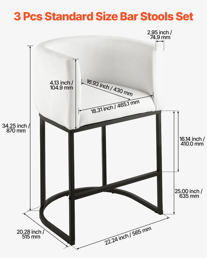 Bar Stool Set of 3, 25 inch Counter Height Stools, Counter Barstool with Backrest, Arm, Metal Frame, and Footrest, Accent Fabric Bar Chair, Island Barstools for Kitchen, Dining Room, White