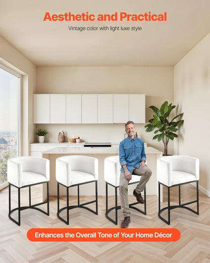 Bar Stool Set of 3, 25 inch Counter Height Stools, Counter Barstool with Backrest, Arm, Metal Frame, and Footrest, Accent Fabric Bar Chair, Island Barstools for Kitchen, Dining Room, White