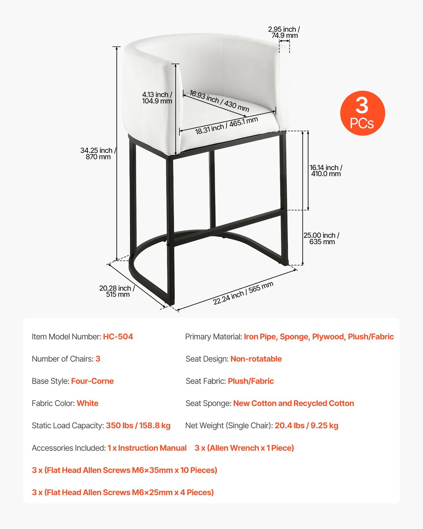 Bar Stool Set of 3, 25 inch Counter Height Stools, Counter Barstool with Backrest, Arm, Metal Frame, and Footrest, Accent Fabric Bar Chair, Island Barstools for Kitchen, Dining Room, White