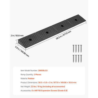 Gummiramp, 15 ton lastkapacitet, 50,8 mm stigningshöjd, kraftig tröskelramp i gummi med dräneringstank för rullstolar, barnvagnar, motorcyklar, bilar, gräsklippare och släpvagnar, 2-pack |  EU
