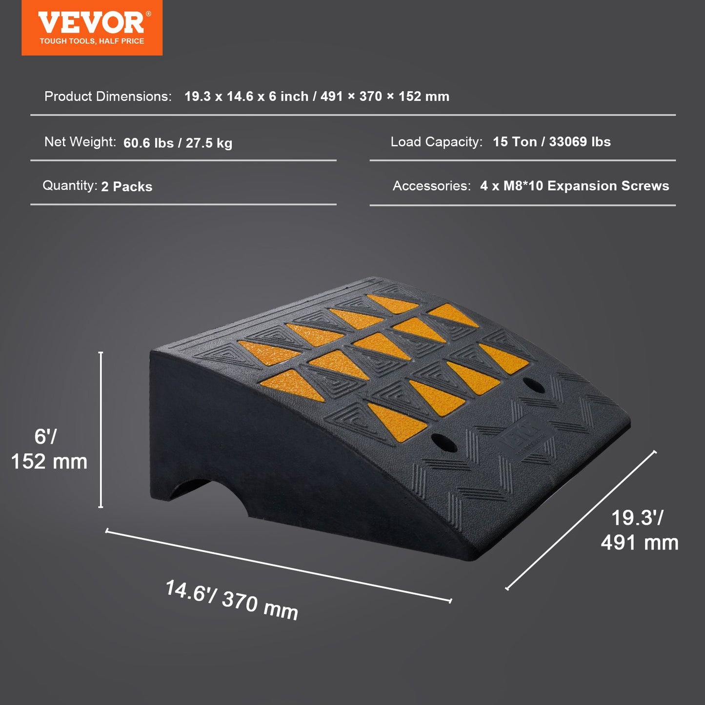 Rubber Curb Ramp 2 Pack, 6" Rise Height Heavy-Duty 33069 lbs/15 T Capacity Threshold Ramps, Driveway Ramps with Stable Grid Structure for Cars, Wheelchairs, Bikes, Motorcycles