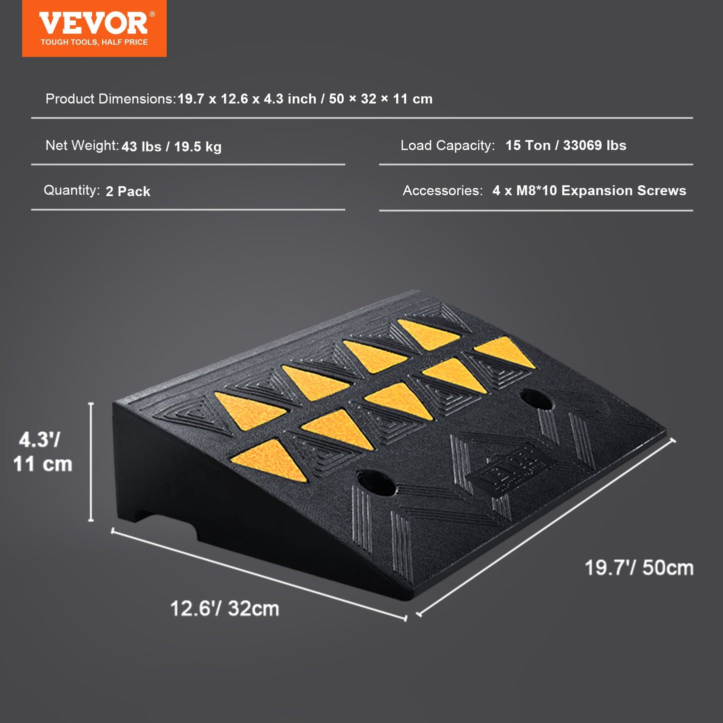 Rubber Curb Ramp 2 Pack, 4.3" Rise Height Heavy-Duty 33069 lbs/15 T Capacity Threshold Ramps, Driveway Ramps with Stable Grid Structure for Cars, Wheelchairs, Bikes, Motorcycles
