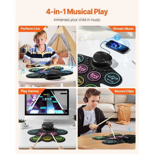 Electric Drum Set 7-Pads Children's Drum Set with Headphone Jack Pedals Speakers