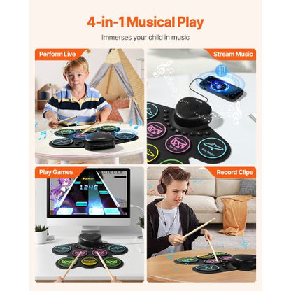 Electric Drum Set 7-Pads Children's Drum Set with Headphone Jack Pedals Speakers