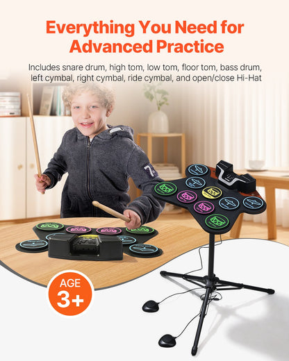 Electric Drum Set 9-Pads with Stand Dual Speakers Light Up Sticks for Kids