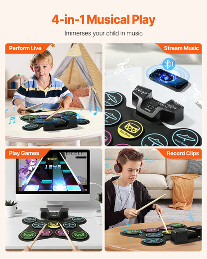 Electric Drum Set 9-Pads with Stand Dual Speakers Light Up Sticks for Kids