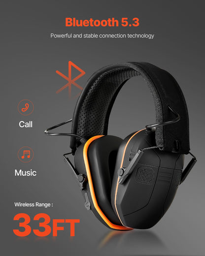 Safety Earmuffs, Electronic Ear Muffs with 5.3 Bluetooth Technology and Sound Amplification, Noise Reduction Headphone NRR23dB, Hearing Protection Earmuffs for Shooting, Lawn Mowing and Work