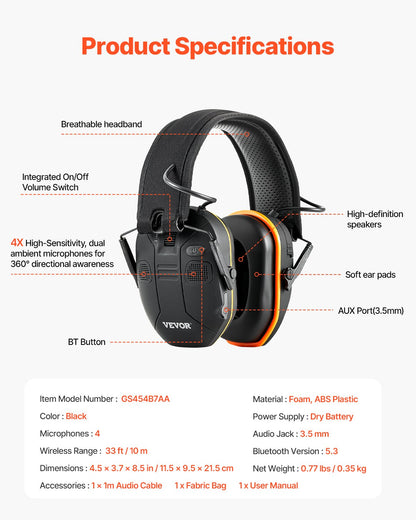 Safety Earmuffs, Electronic Ear Muffs with 5.3 Bluetooth Technology and Sound Amplification, Noise Reduction Headphone NRR23dB, Hearing Protection Earmuffs for Shooting, Lawn Mowing and Work
