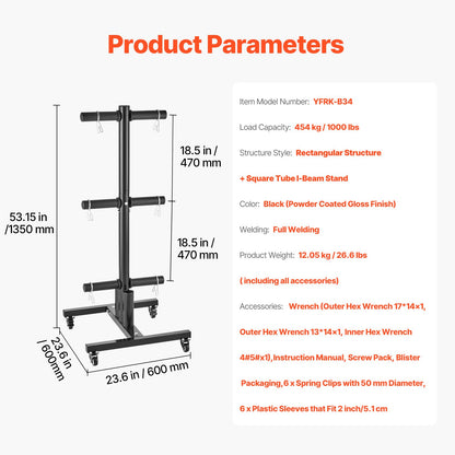 Weight Plate Rack, Vertical Weight Plate Tree for 2-Inch Weight Plates, Standard Weight Plate Tree with Wheels, 1000 lbs Load Capacity Weight Storage Holder, Home Gym Barbell Rack Storage Stand