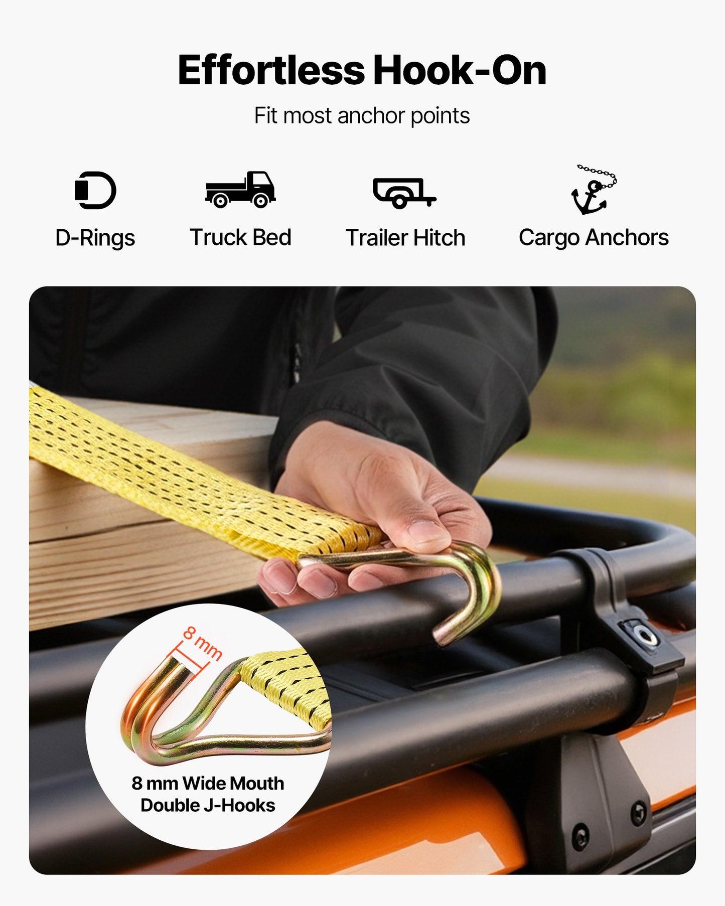 Ratchet Straps, 2 in x 15 ft, Heavy Duty Tie Down Straps with Double J Hook, 5000 lbs Break Strength, Carry Bag, Tie Down Ratcheting for Moving, Trailers, Motorcycles, Kayaks, Car Roof, 6 Pack