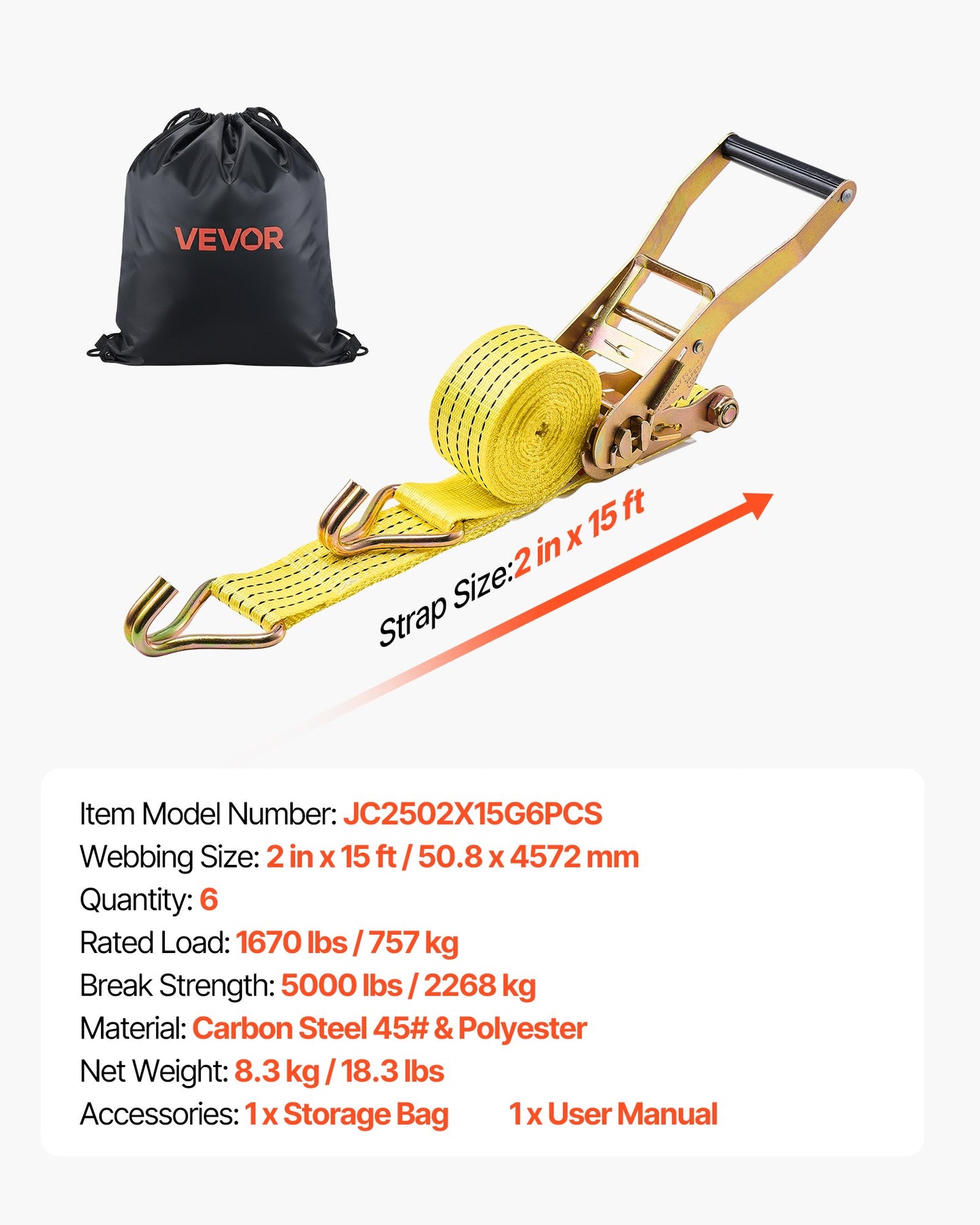 Ratchet Straps, 2 in x 15 ft, Heavy Duty Tie Down Straps with Double J Hook, 5000 lbs Break Strength, Carry Bag, Tie Down Ratcheting for Moving, Trailers, Motorcycles, Kayaks, Car Roof, 6 Pack