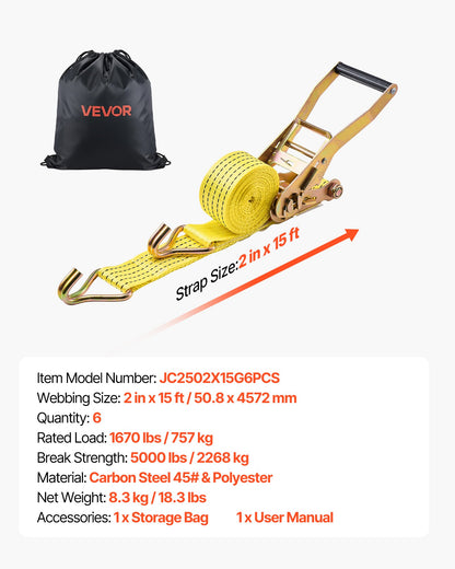 Ratchet Straps, 2 in x 15 ft, Heavy Duty Tie Down Straps with Double J Hook, 5000 lbs Break Strength, Carry Bag, Tie Down Ratcheting for Moving, Trailers, Motorcycles, Kayaks, Car Roof, 6 Pack