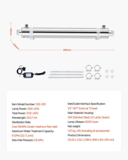 UV Water Purifier, 25W 6GPM, 110V Versatile Ultraviolet Water Purifier Filter with Stainless Steel Housing, Whole House UV Water Filter with Quartz Sleeve Fit for Shower/Drinking/Cleaning