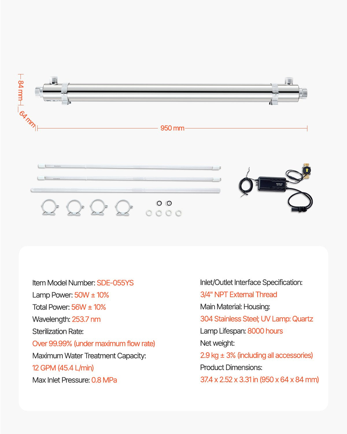 220V 55W UV Water Purifier 12GPM Ultraviolet Water Purifier Filter