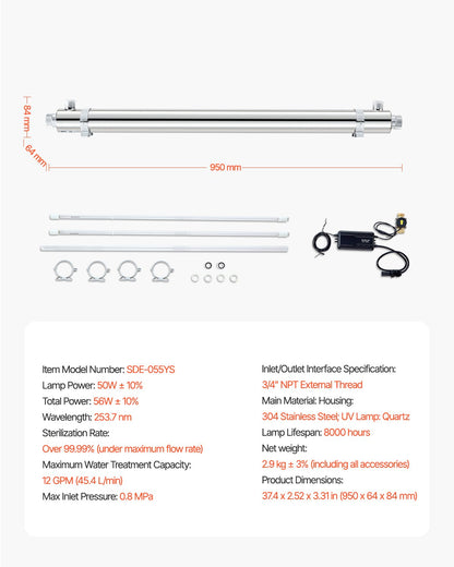 220V 55W UV Water Purifier 12GPM Ultraviolet Water Purifier Filter