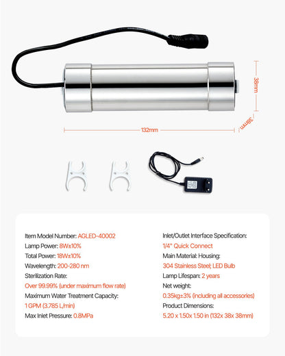 UV Water Purifier, 8W 1GPM, 110V Versatile Ultraviolet Water Purifier Filter with Stainless Steel Housing, Whole House UV Water Filter with Quartz Sleeve Fit for Shower/Drinking/Cleaning