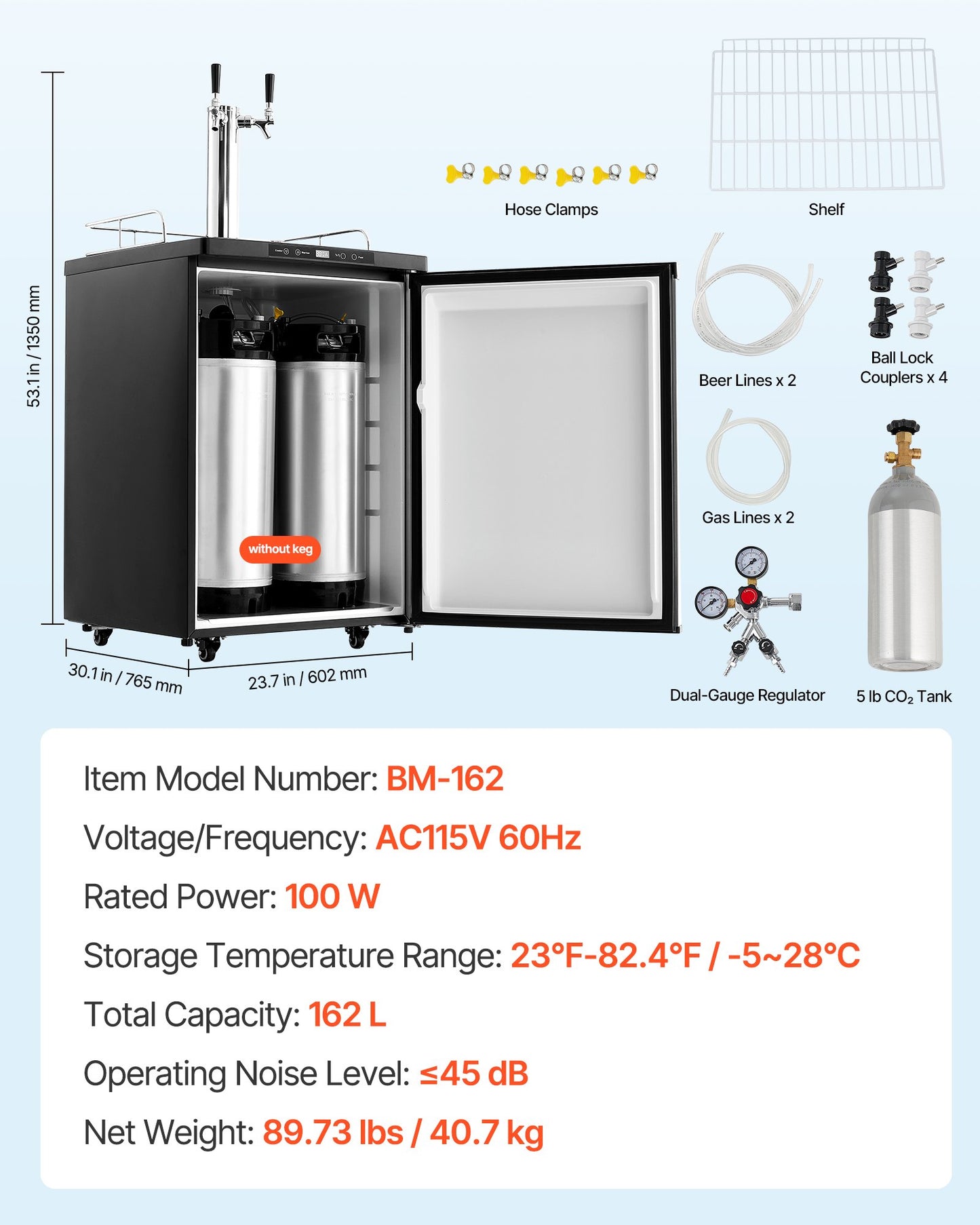 Beer Kegerator, Dual Tap Home Draft Beer Dispenser for Ball Lock, Full Size Keg Refrigerator with 5lbs CO2 Tank, Hold 2 Sixth / 2 Slim / 3 Ball lock keg, 162L