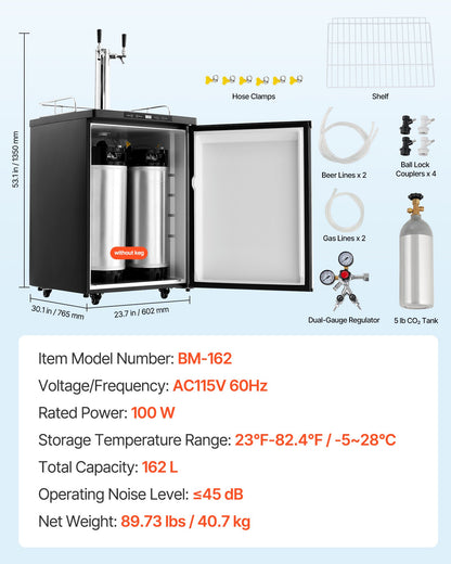 Beer Kegerator, Dual Tap Home Draft Beer Dispenser for Ball Lock, Full Size Keg Refrigerator with 5lbs CO2 Tank, Hold 2 Sixth / 2 Slim / 3 Ball lock keg, 162L