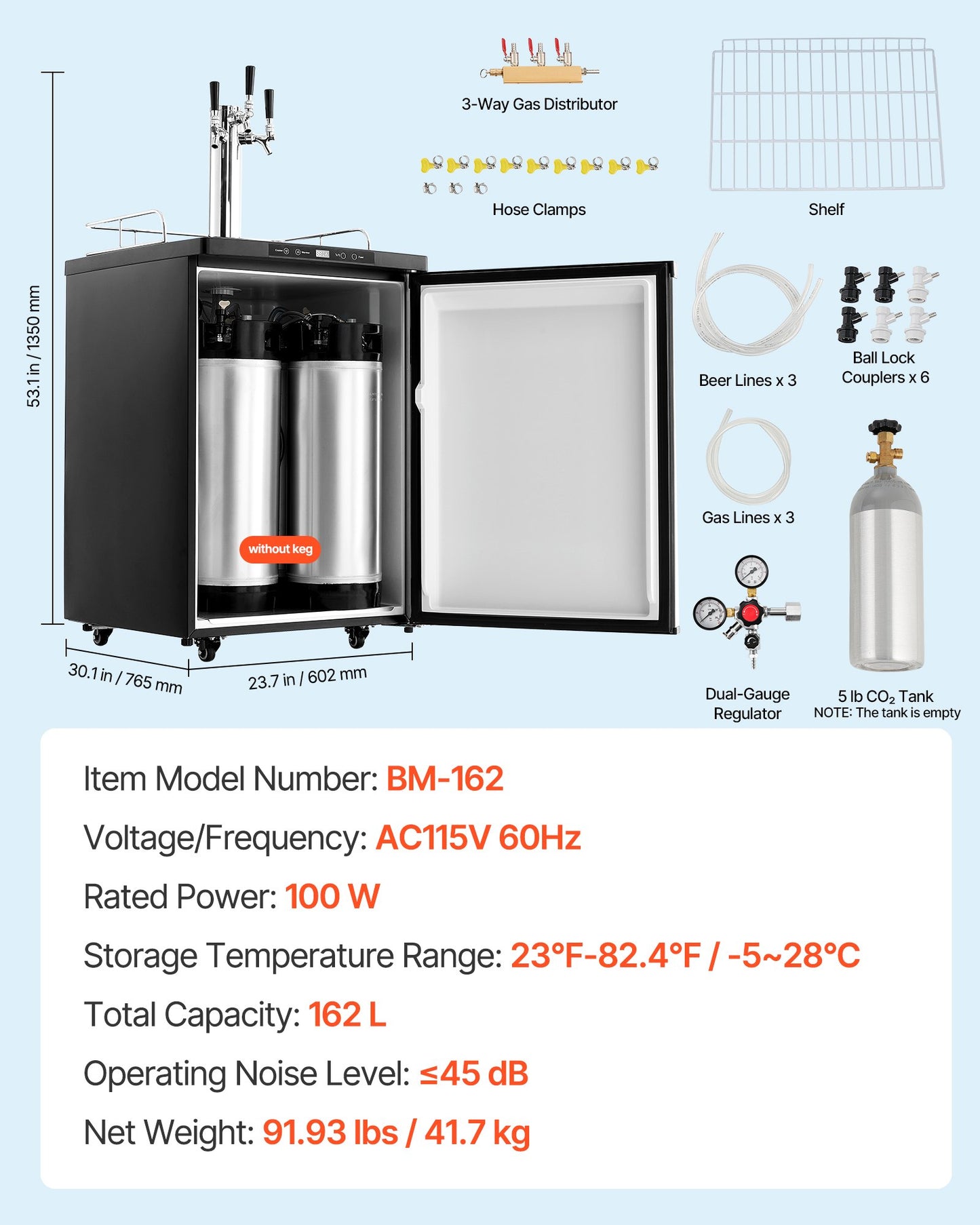 Beer Kegerator, Triple Tap Home Draft Beer Dispenser for Ball Lock, Full Size Keg Refrigerator with 5lbs CO2 Tank, Hold 2 Sixth / 2 Slim / 3 Ball lock keg, 162L