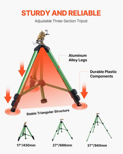 Impact Sprinkler on Tripod Base, Heavy Duty Tripod Sprinklers with Brass Head & 3/4" Connector, 360 Degree Large Area Coverage Irrigation Sprinkler, Adjustable Heights Sprinkler for Yard Green
