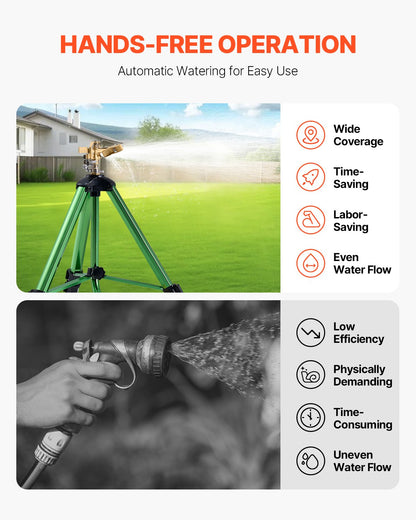 Impact Sprinkler on Tripod Base, Heavy Duty Tripod Sprinklers with Brass Head & 3/4" Connector, 360 Degree Large Area Coverage Irrigation Sprinkler, Adjustable Heights Sprinkler for Yard Green