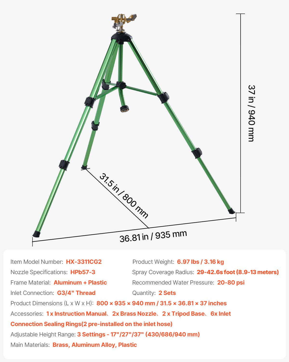 Impact Sprinkler on Tripod Base, Heavy Duty Tripod Sprinklers with Brass Head & 3/4" Connector, 360 Degree Large Area Coverage Irrigation Sprinkler, Adjustable Heights Sprinkler for Yard Green