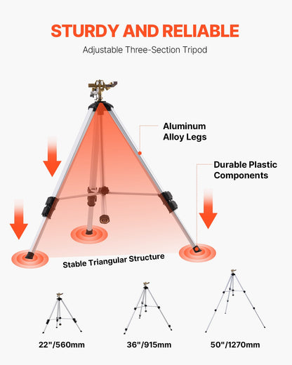 Impact Sprinkler on Tripod Base, Heavy Duty Tripod Sprinklers with Brass Head & 3/4" Connector, 360 Degree Large Area Coverage Irrigation Sprinkler, Adjustable Heights Sprinkler for Yard Gray