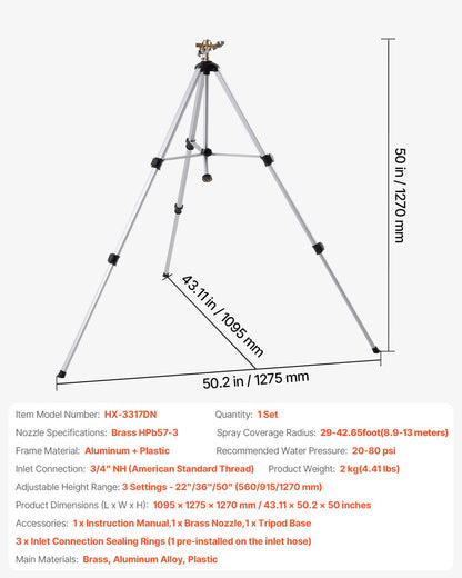 Impact Sprinkler on Tripod Base, Heavy Duty Tripod Sprinklers with Brass Head & 3/4" Connector, 360 Degree Large Area Coverage Irrigation Sprinkler, Adjustable Heights Sprinkler for Yard Gray