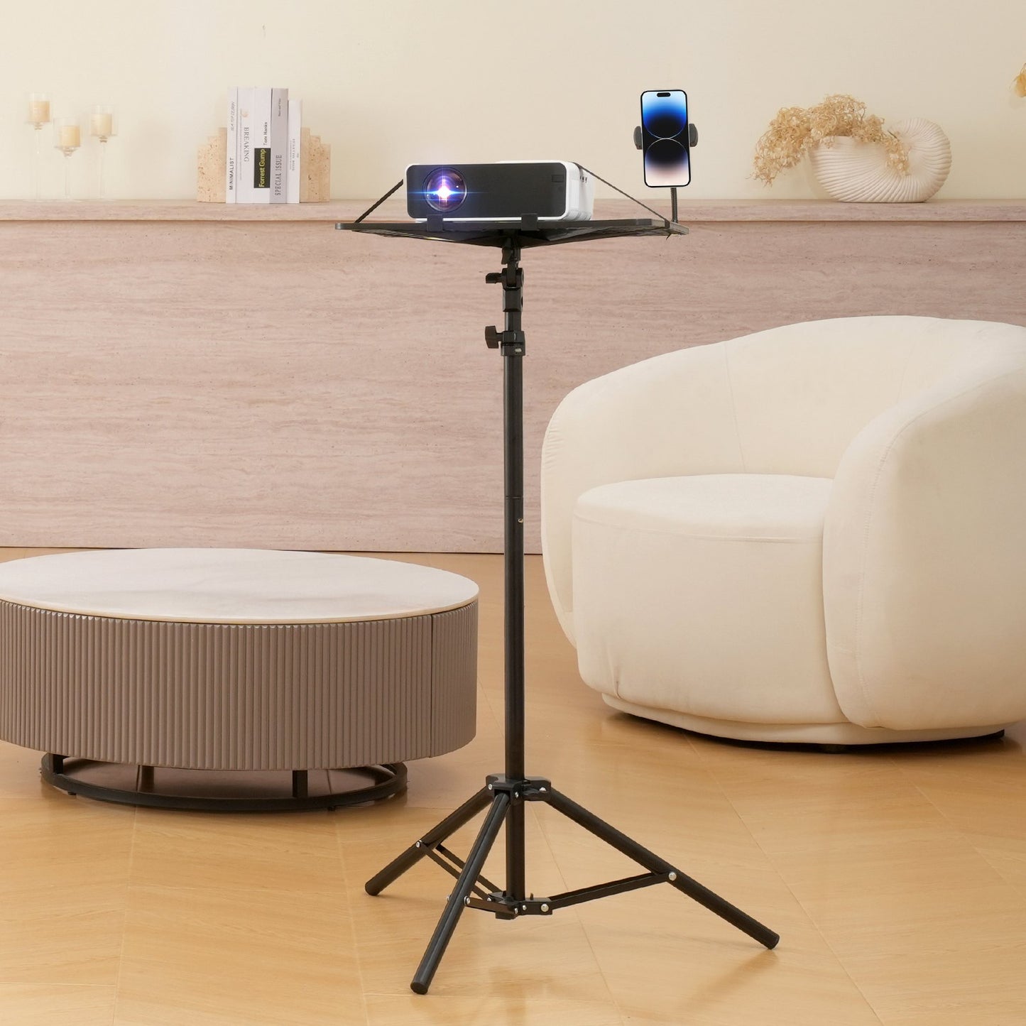 Projector Stand, Laptop Stand Tripod Adjustable Height from 26.97 to 63 in, Portable Projector Tripod Stand with Tray & Gooseneck Phone Holder, for Outdoor Movies, Home, Office, Stage or Studio