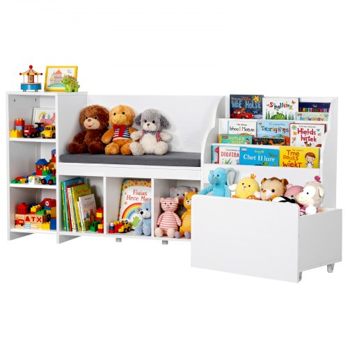 Kids Reading Nook, Wooden Storage Bench with Backrest, Kids Bookshelf & Toy Organizer, Large Toy Box Chest for Playroom, Living Room or Entryway, Easy Assembly, 66.9 x 15.8 x 31.5 in, White