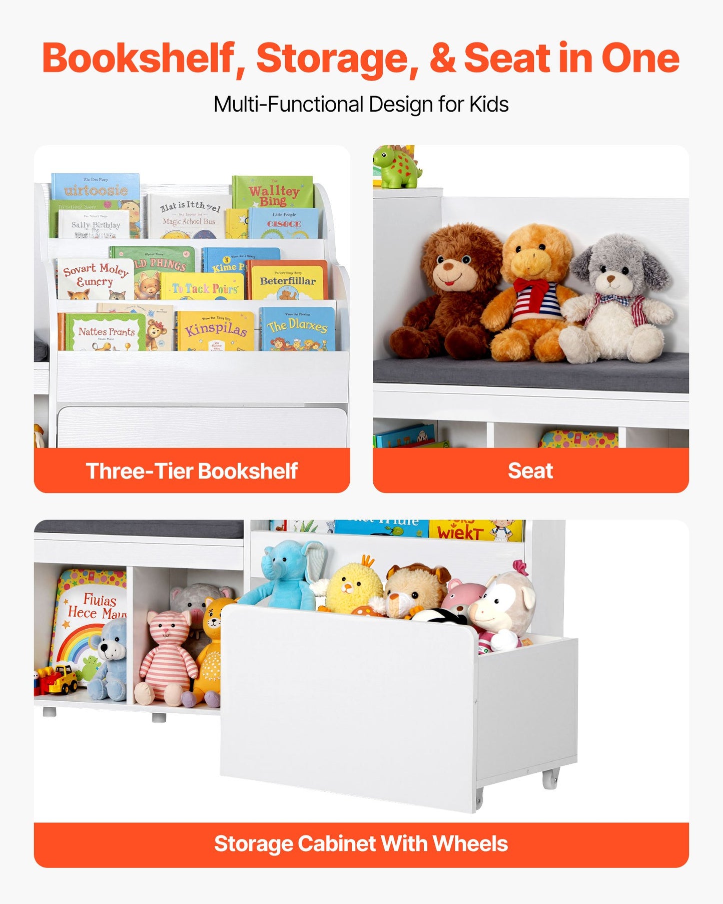 Kids Reading Nook, Wooden Storage Bench with Backrest, Kids Bookshelf & Toy Organizer, Large Toy Box Chest for Playroom, Living Room or Entryway, Easy Assembly, 66.9 x 15.8 x 31.5 in, White