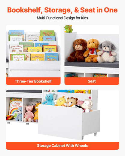 Kids Reading Nook, Wooden Storage Bench with Backrest, Kids Bookshelf & Toy Organizer, Large Toy Box Chest for Playroom, Living Room or Entryway, Easy Assembly, 66.9 x 15.8 x 31.5 in, White