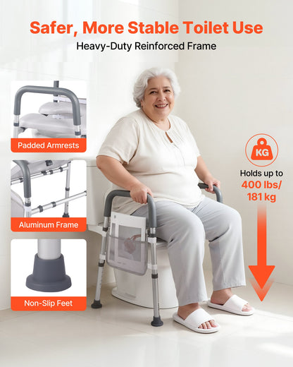 Raised Toilet Seat with Arms, 400 lbs Load Capacity, Adjustable Height and Width, Commode Cushion Padded Elevated Toilet Seat Riser with Handles for Seniors, Elderly, Handicap, Disabled, Adults