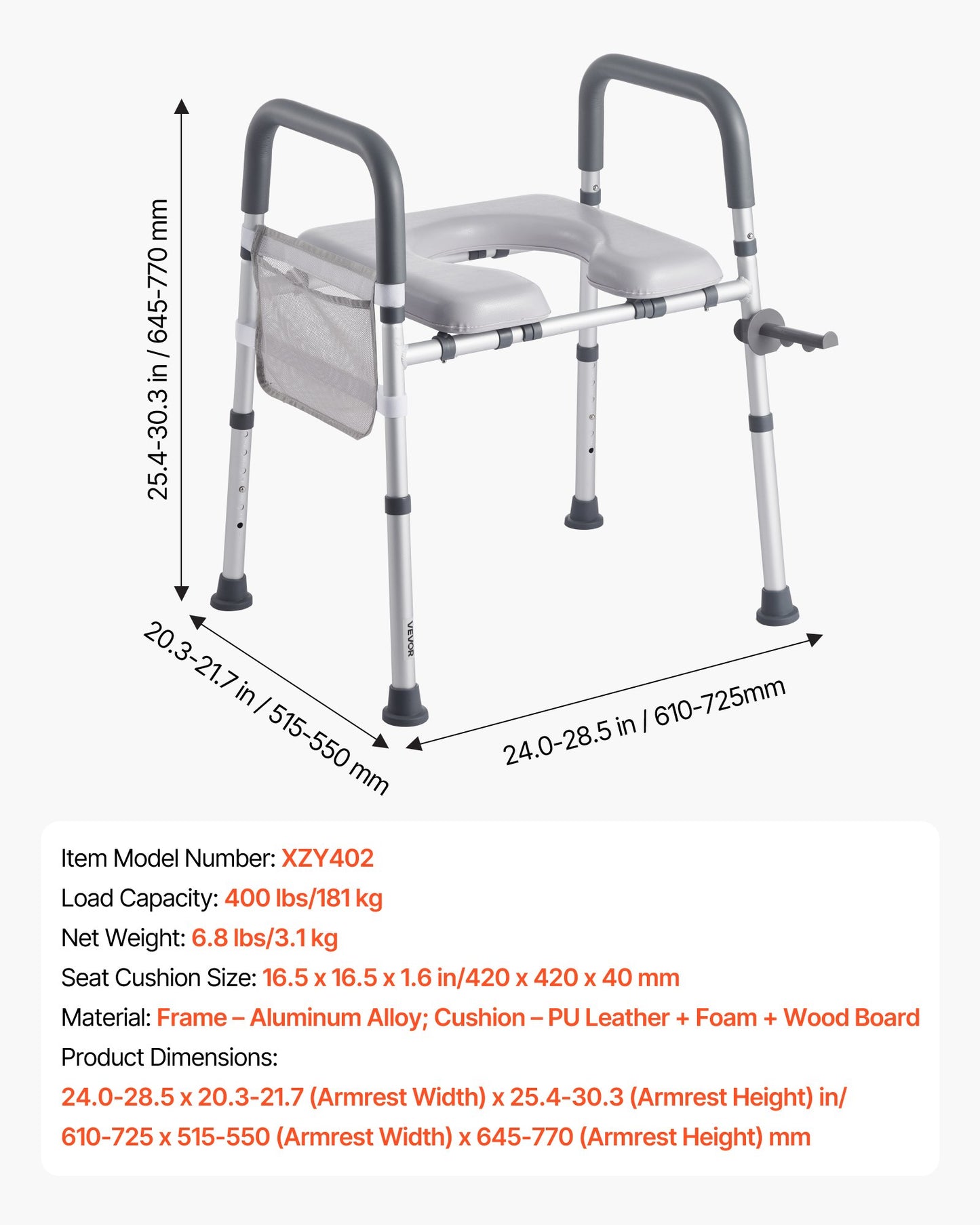 Raised Toilet Seat with Arms, 400 lbs Load Capacity, Adjustable Height and Width, Commode Cushion Padded Elevated Toilet Seat Riser with Handles for Seniors, Elderly, Handicap, Disabled, Adults