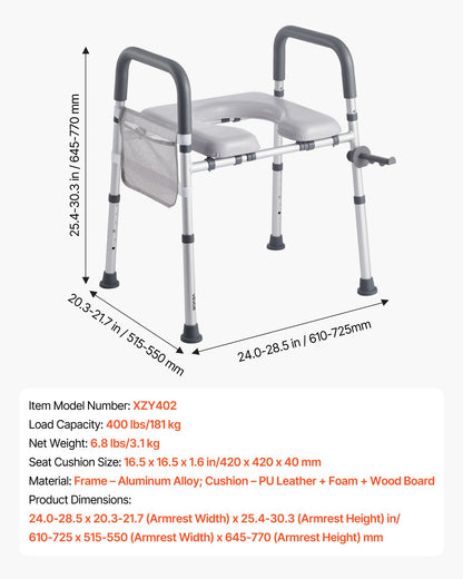 Raised Toilet Seat with Arms, 400 lbs Load Capacity, Adjustable Height and Width, Commode Cushion Padded Elevated Toilet Seat Riser with Handles for Seniors, Elderly, Handicap, Disabled, Adults