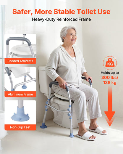 Raised Toilet Seat with Arms, 300 lbs Load Capacity, Adjustable Height, Widened Commode Elevated Toilet Seat Riser with Handles and Splash Guard for Seniors, Elderly, Handicap, Disabled, Adults