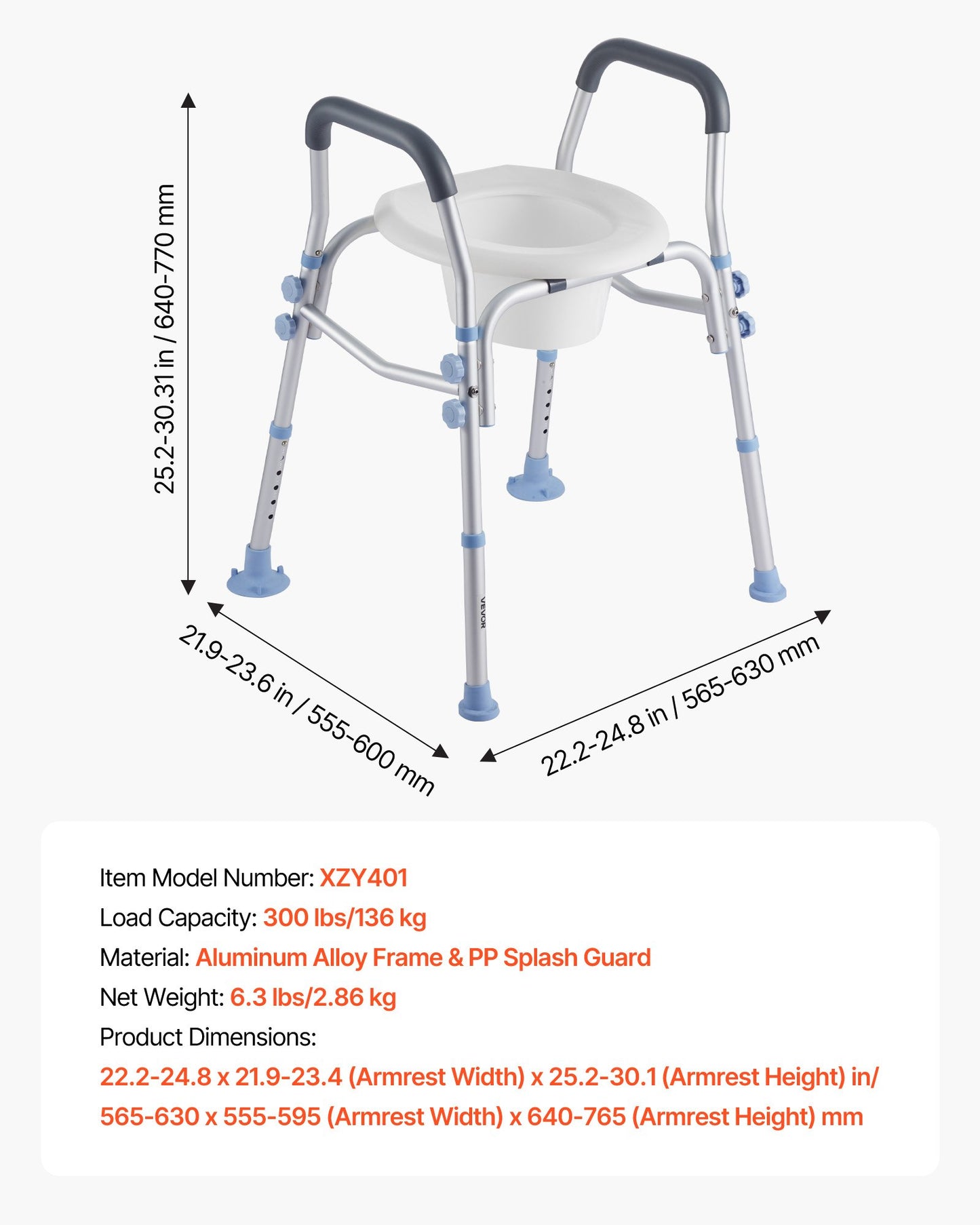 Raised Toilet Seat with Arms, 300 lbs Load Capacity, Adjustable Height, Widened Commode Elevated Toilet Seat Riser with Handles and Splash Guard for Seniors, Elderly, Handicap, Disabled, Adults