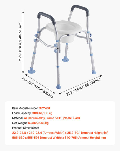 Raised Toilet Seat with Arms, 300 lbs Load Capacity, Adjustable Height, Widened Commode Elevated Toilet Seat Riser with Handles and Splash Guard for Seniors, Elderly, Handicap, Disabled, Adults